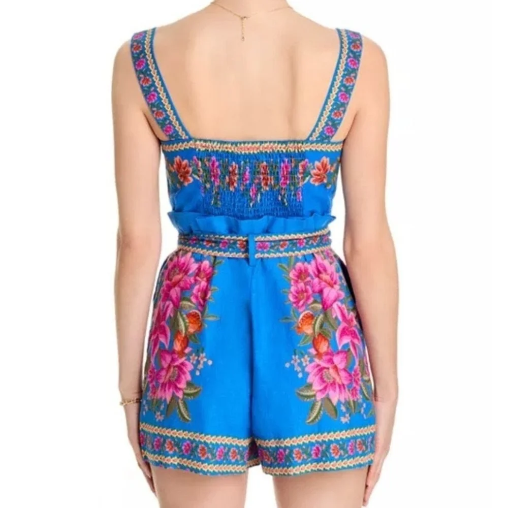 FARM RIO Blue Summer Fruit Scarf Romper
 FloraL Square Neck Wide Straps Beading - Picture 8 of 16